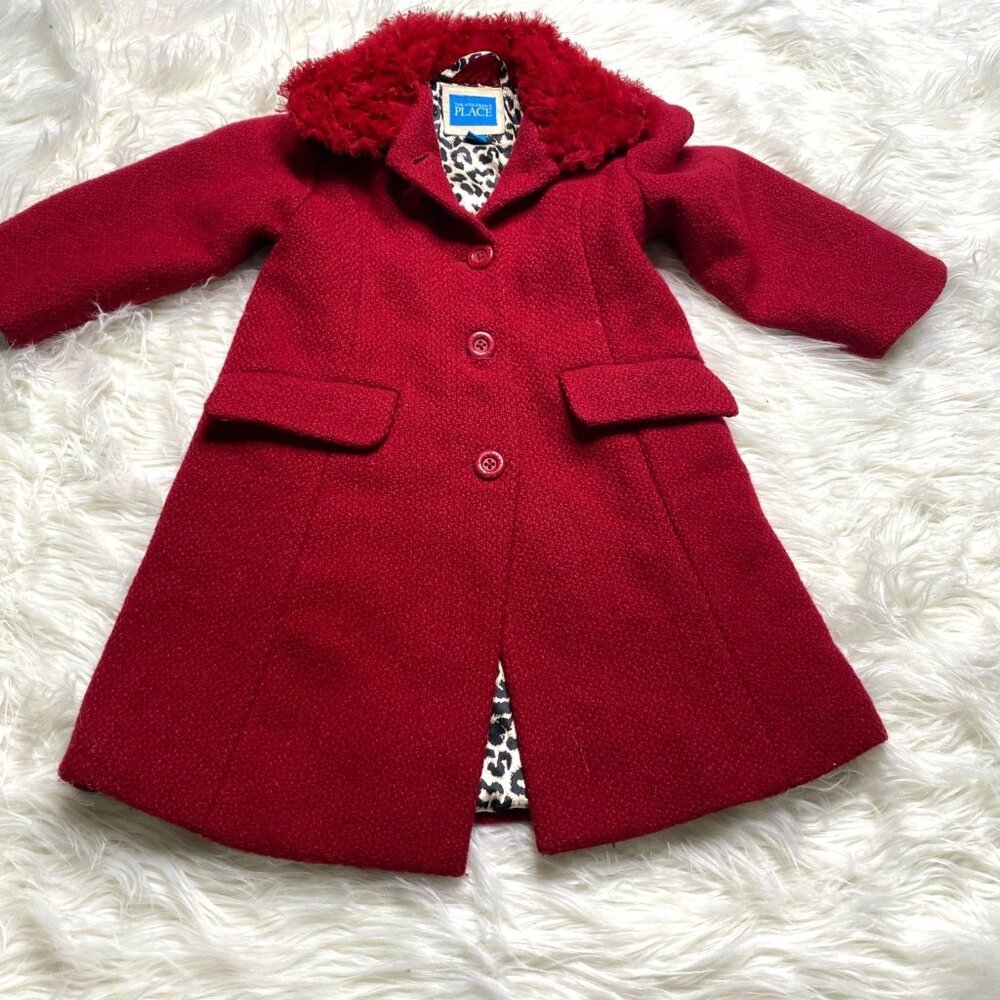 Childrens Place Coat Girls 3T Red Ruffle Collar Button Up Wool Blend Leopard